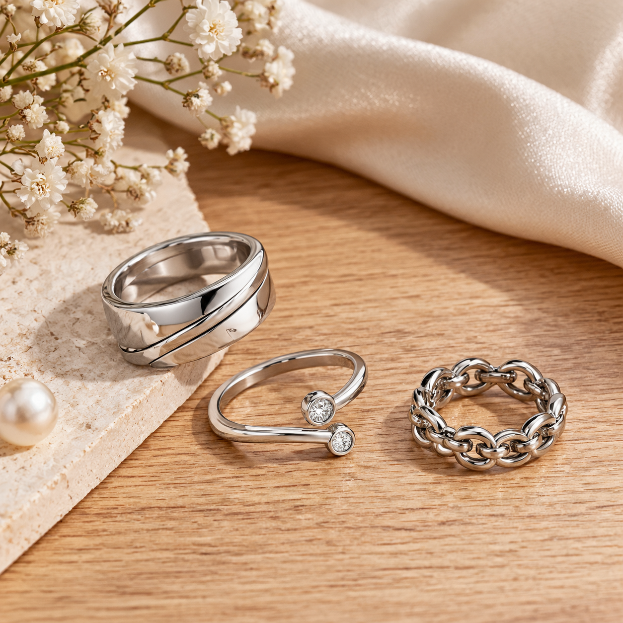 stainless steel ring product photography with clean studio presentation and visible metal finish details